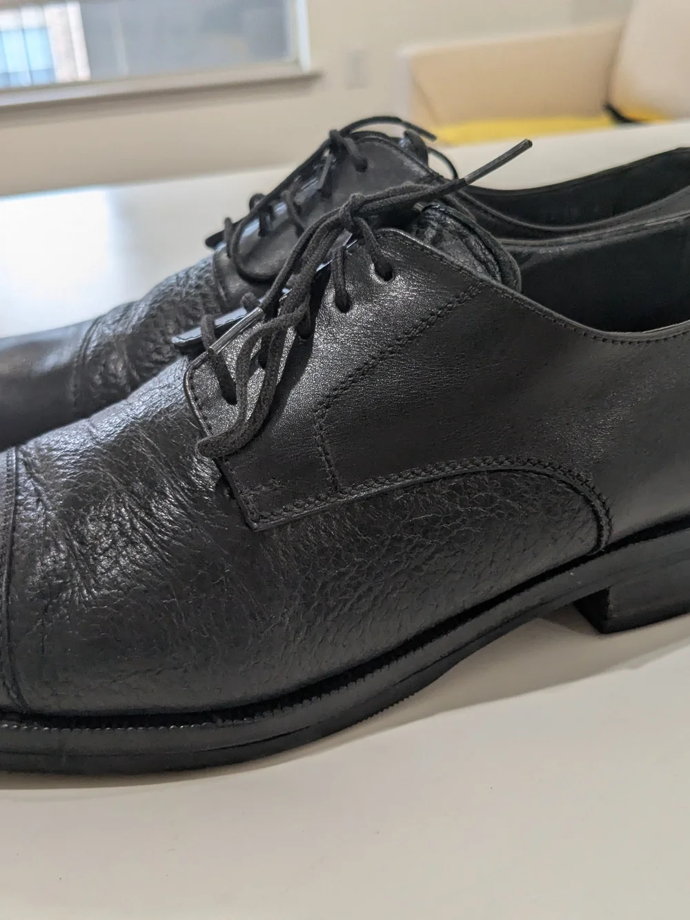 Black Leather Mixed Texture Cap Toe Derby Dress Shoes Men's Vibram Soles Grained